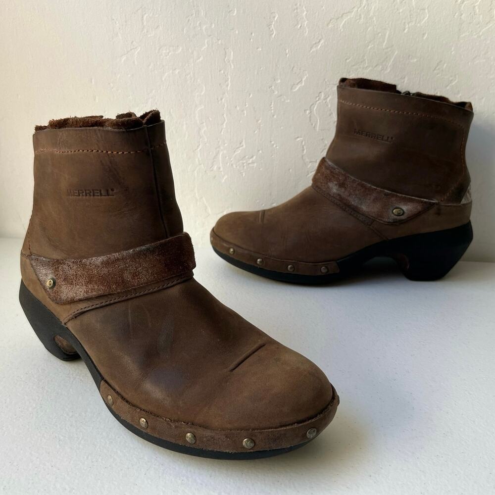 Merrell Brown Luxe Mid Ankle Boots Women's Size 6 Nubuck Leather Studded Zip